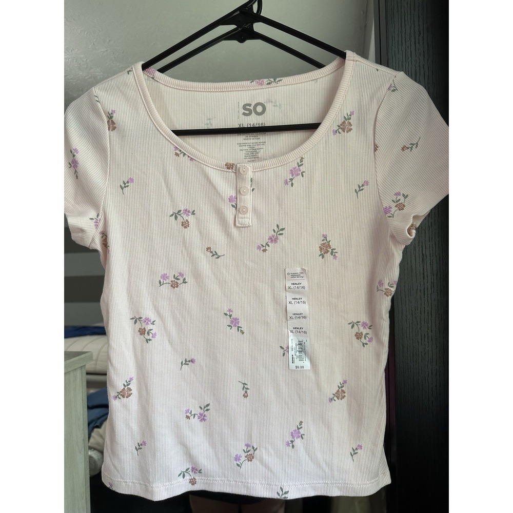 SO Pink floral Ribbed  knit‎ Top Size 14/16